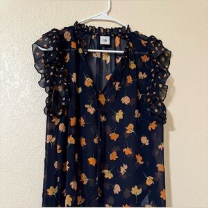 CAbi Sz S Flowy Sleeveless Top Ruffle Trim Semi Sheer Navy Peach Floral Adorable